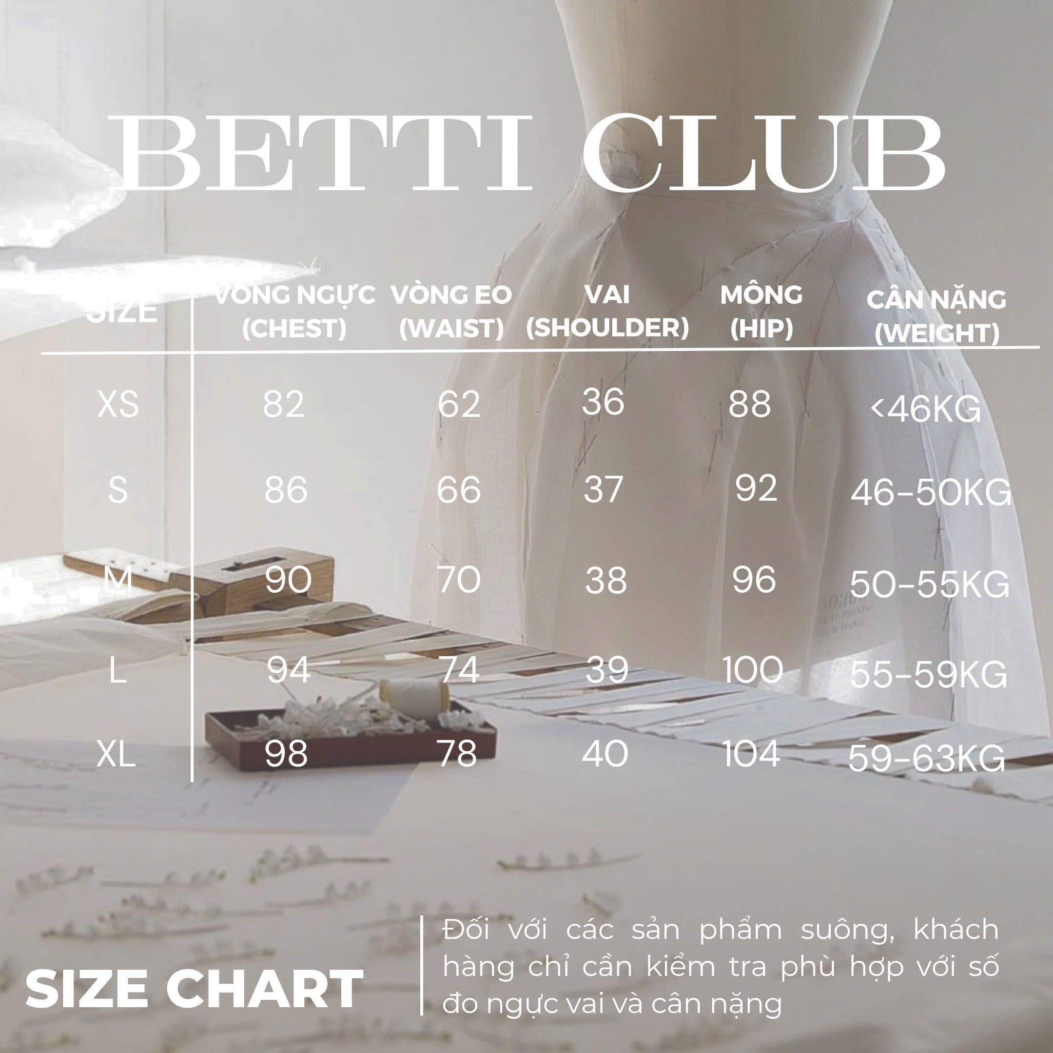 Bảng size Betti Club từ XS đến XL